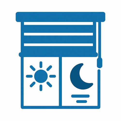 Blue icon of a roller blind with sun and moon symbols on a white background