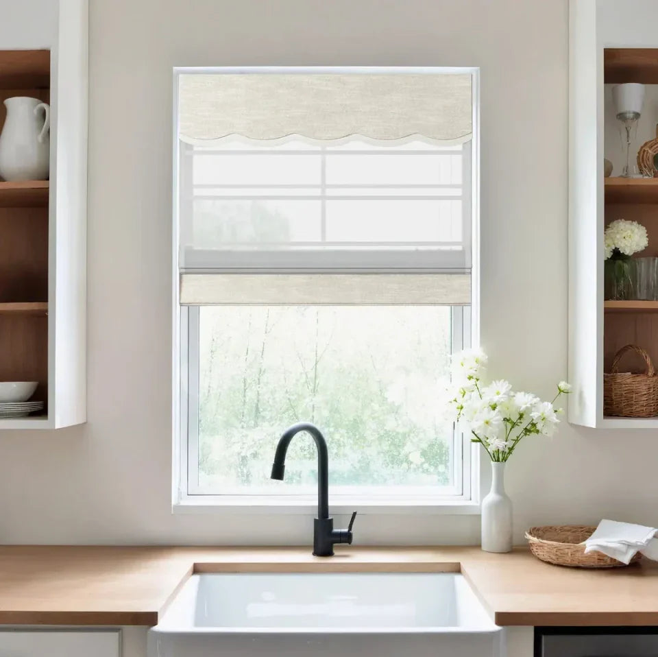 Kitchen window with a beige roller blind, wooden countertops, and a sink.