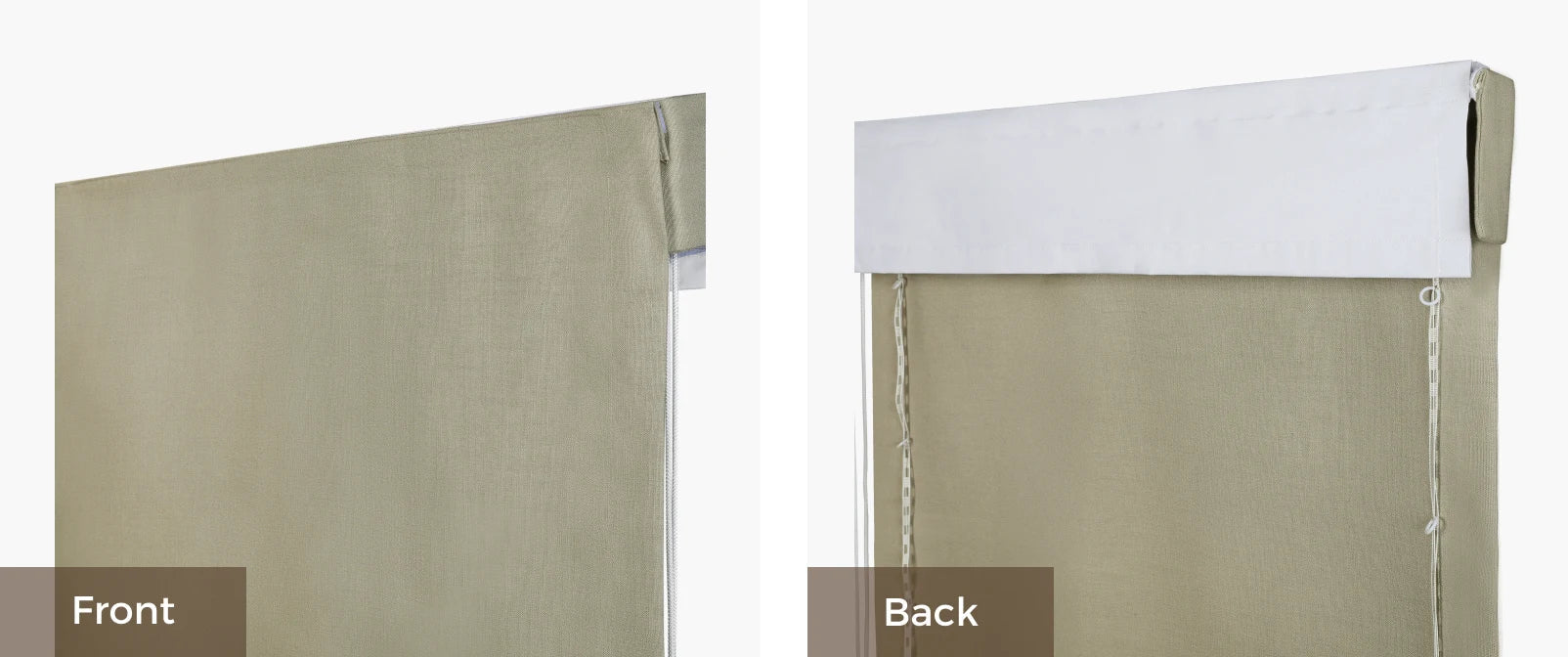 Beige window blinds with front and back labels on a white background