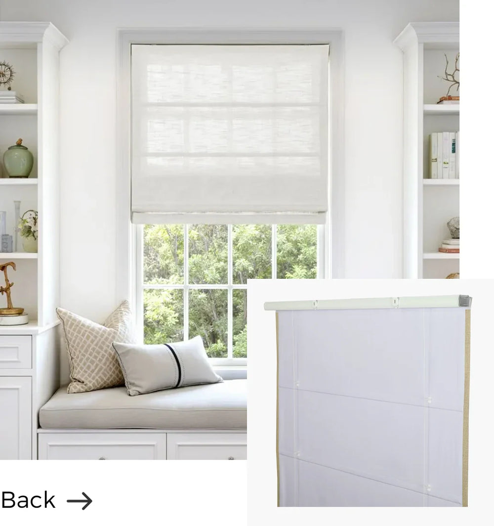 White window blind in a room with shelves and a cushioned seat.