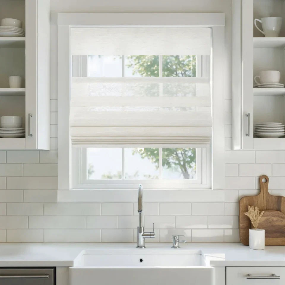 Modern kitchen with white cabinets, sink, and window blinds.