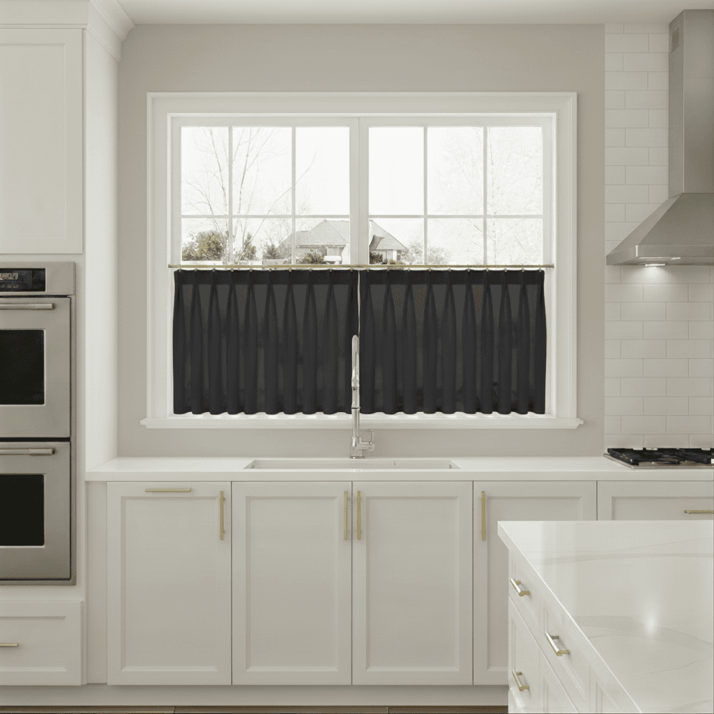 Modern kitchen with black window treatments on a white window