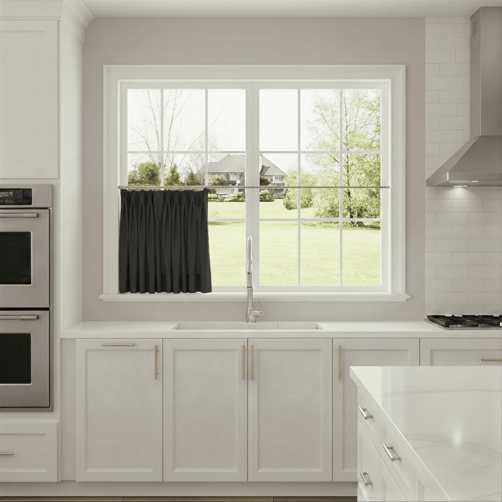 Modern kitchen with a window view of a green lawn and trees