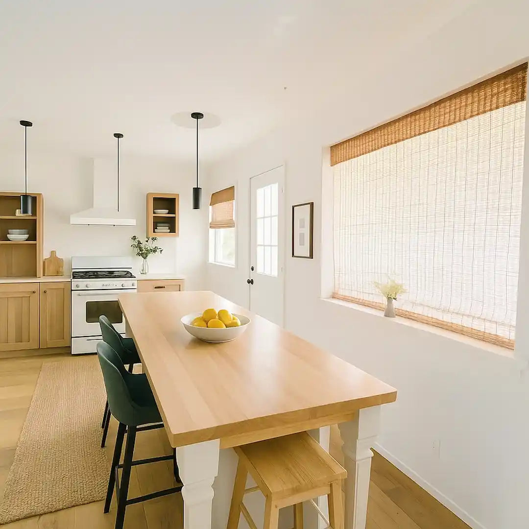 Bright kitchen with woven roman shades filtering soft natural daylight