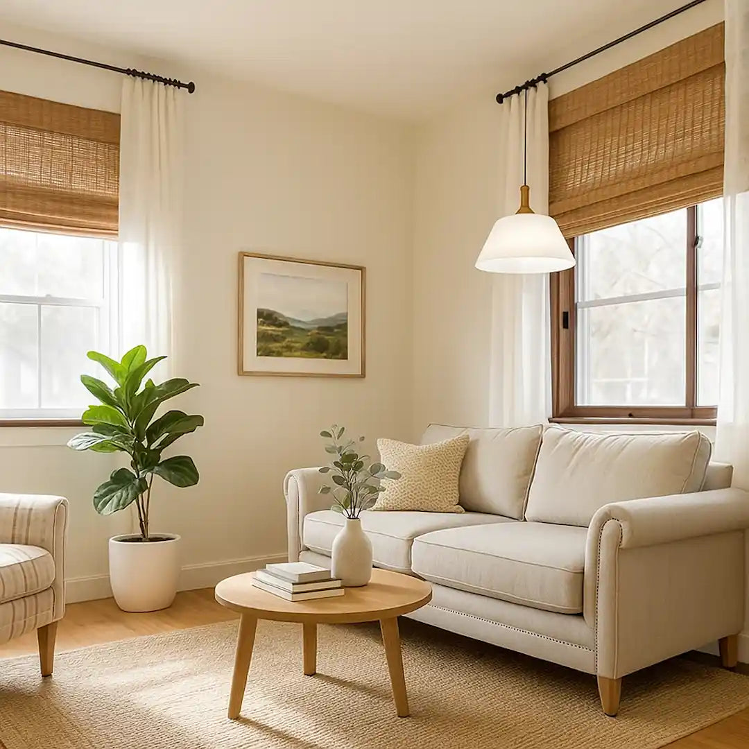 Neutral living room with woven roman shades, sheer curtains, and soft natural light