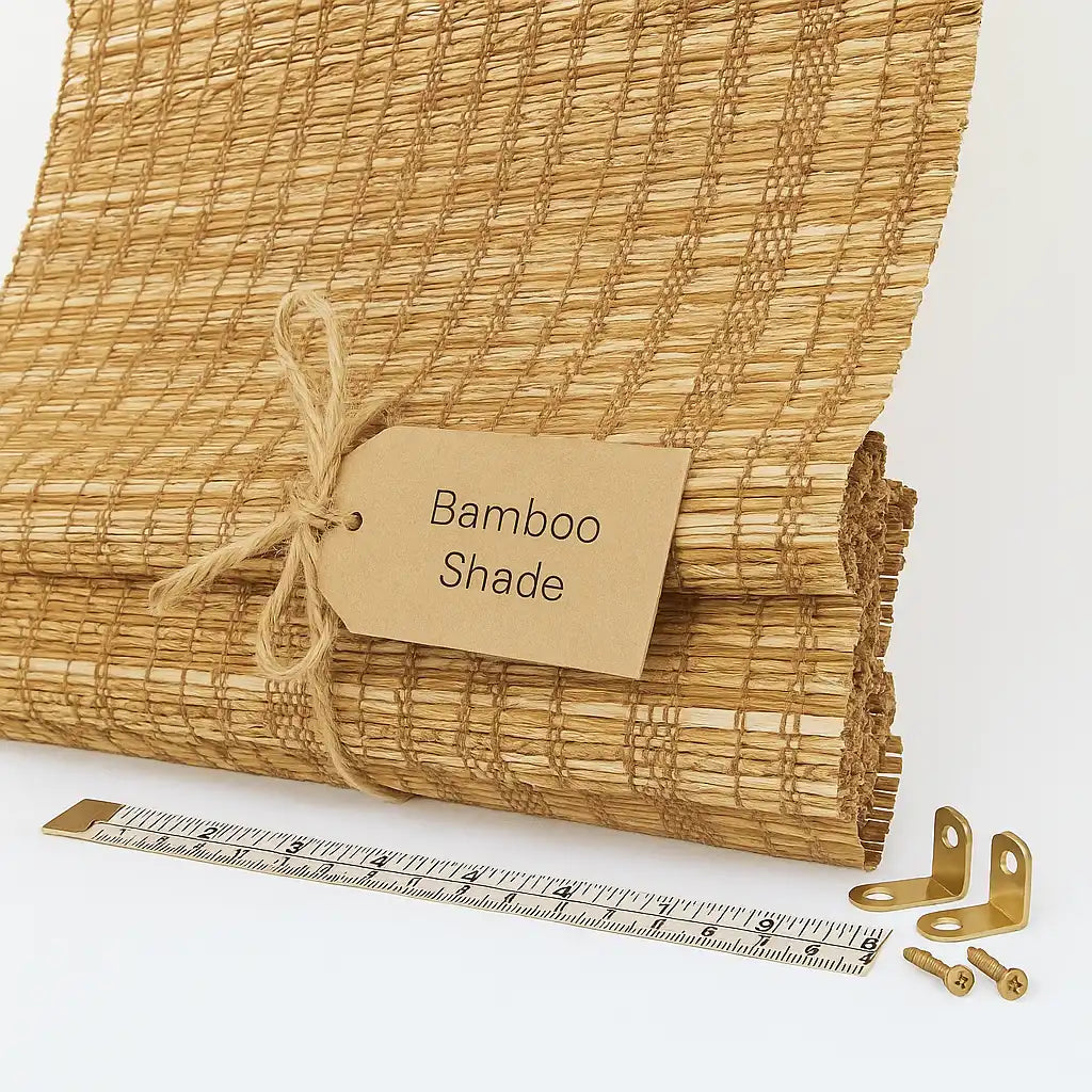 Rolled-up bamboo shade with a tag, ruler, and hardware on a white background