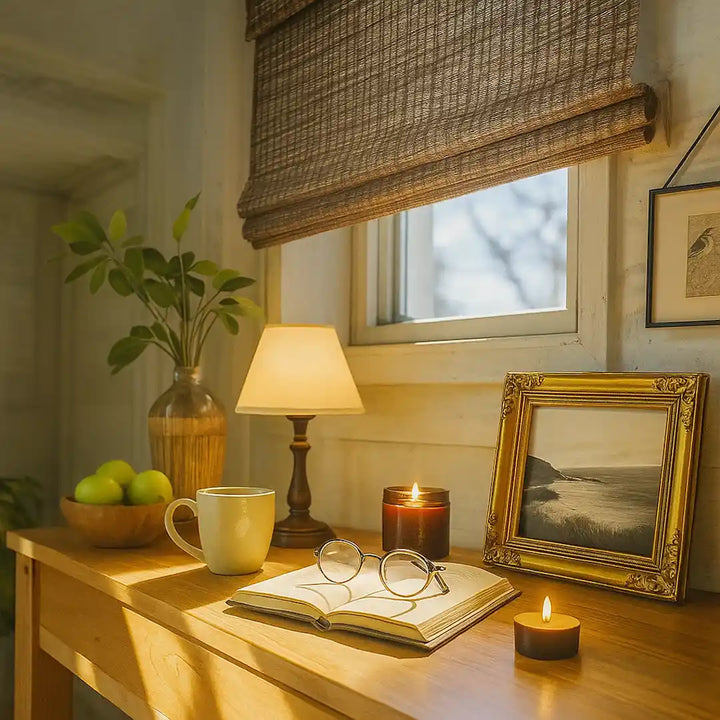 Woven bamboo roman shade above a wooden desk with warm ambient lighting