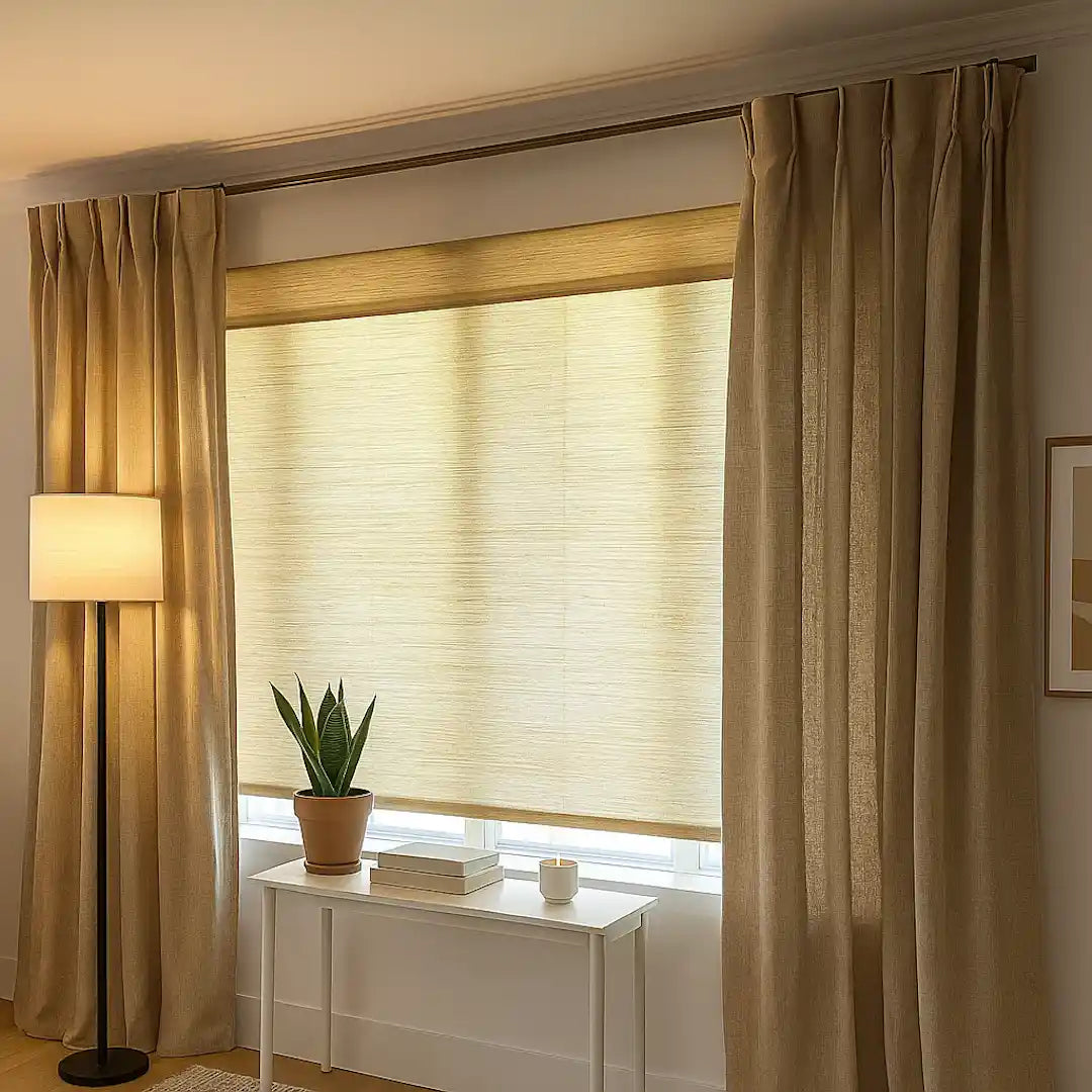 Living room with beige curtains, lamp, and small table with a plant