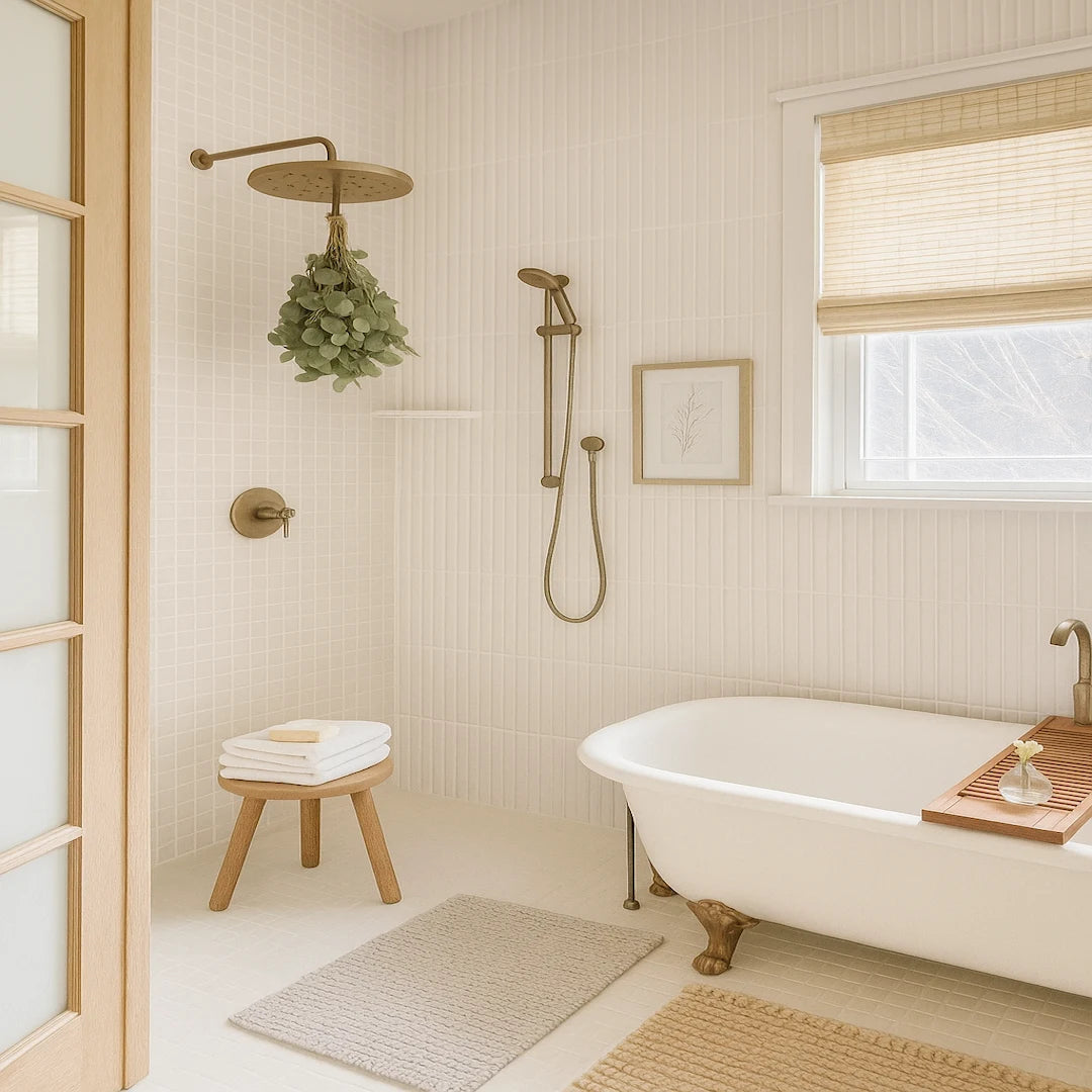 Bathroom with a freestanding bathtub, shower head, and wooden stool with towels.