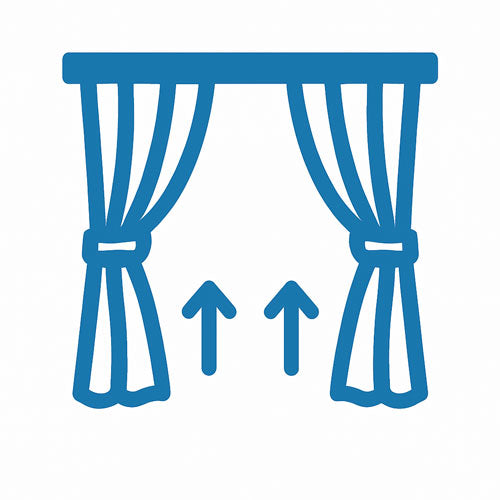 Blue icon of a curtain with two arrows pointing upwards on a white background
