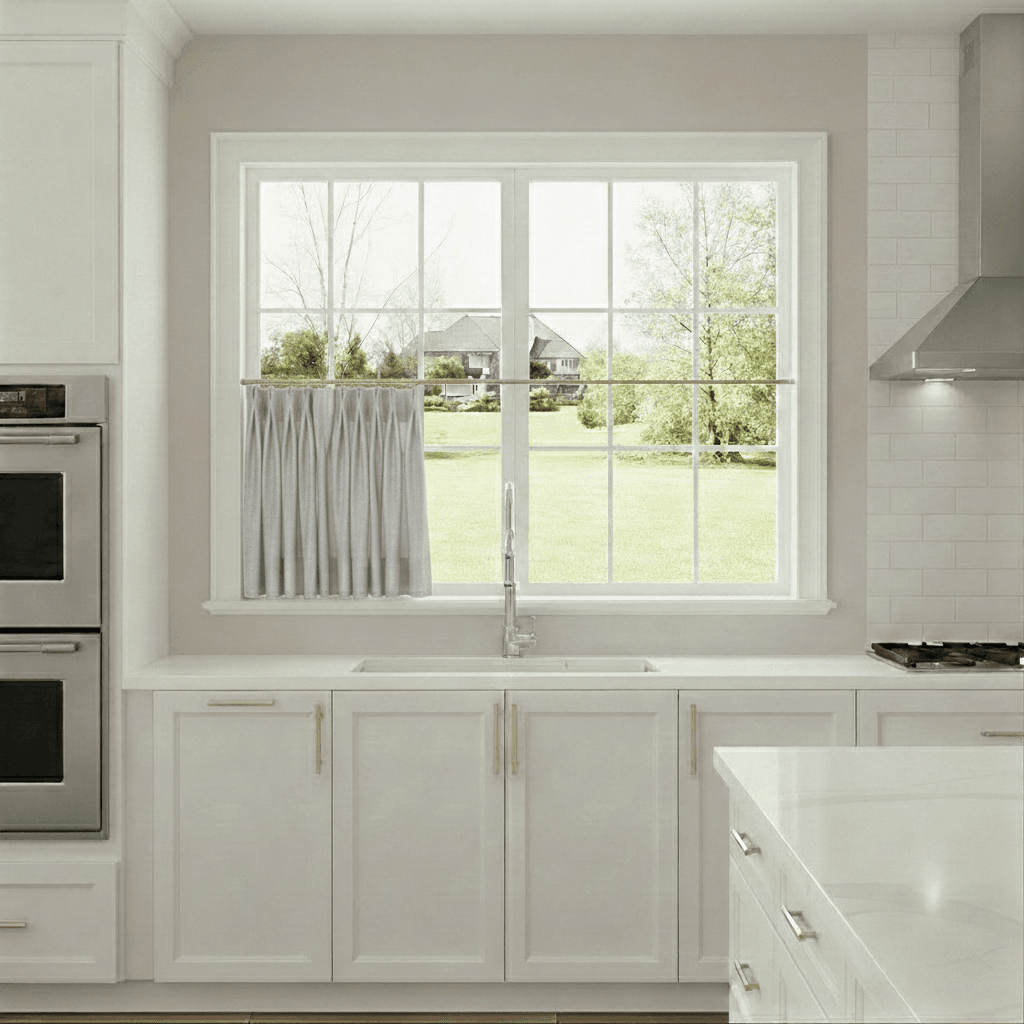 Modern kitchen with a window view of a house and trees
