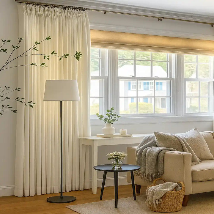 A bright living room with sheer white curtains drawn to the side of a large window, paired with a light beige Roman shade. The space includes a cream sofa with neutral throw pillows and a blanket, a black floor lamp, a small round side table with flowers, and a woven basket on a wooden floor.