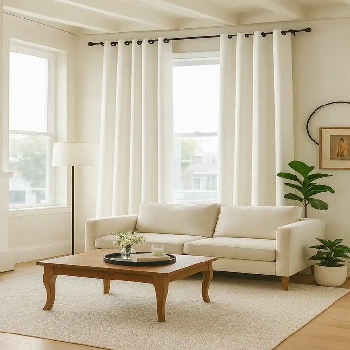 Cozy living room with sheer white curtains on a black curtain rod, a cream-colored sofa, a wooden coffee table on a light rug, a floor lamp, potted plants, and tall windows bringing in soft daylight.
