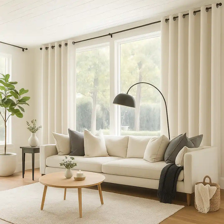 Bright living room with floor-to-ceiling white curtains on black curtain rods, a light-colored sofa with neutral throw pillows, a wooden coffee table, a black floor lamp, and large windows letting in soft natural light.