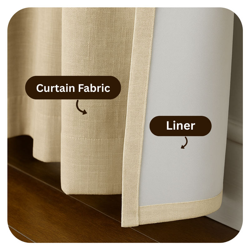 Beige curtain fabric and liner with labels on a neutral background