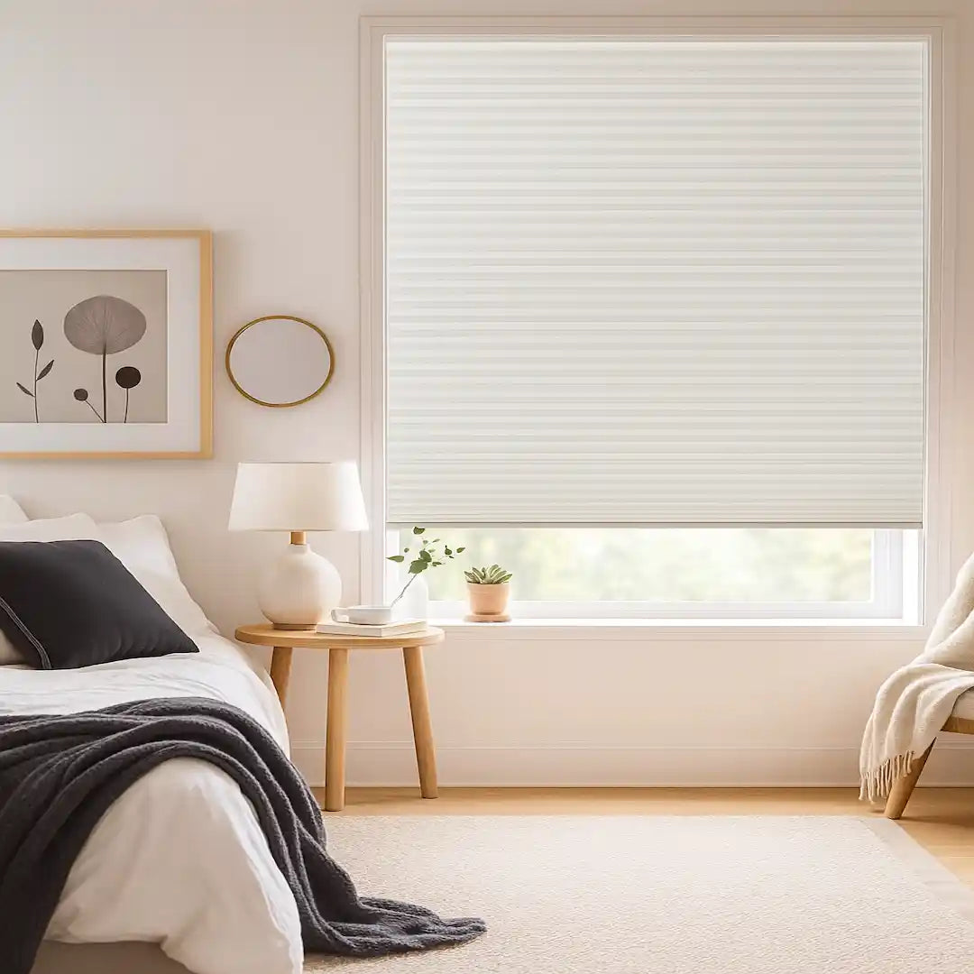 Modern bedroom with a bed, side table, lamp, and window with blinds.