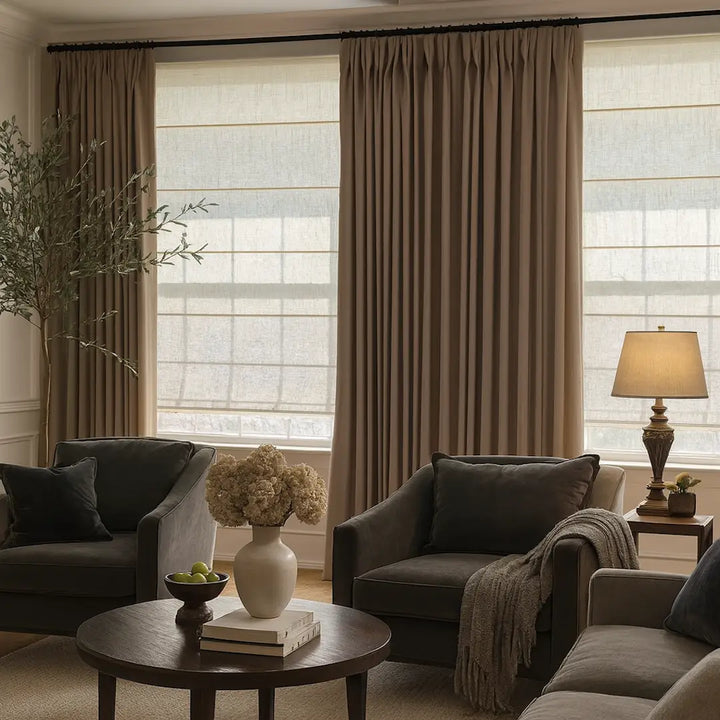 Living room with gray furniture, a lamp, and decorative items.