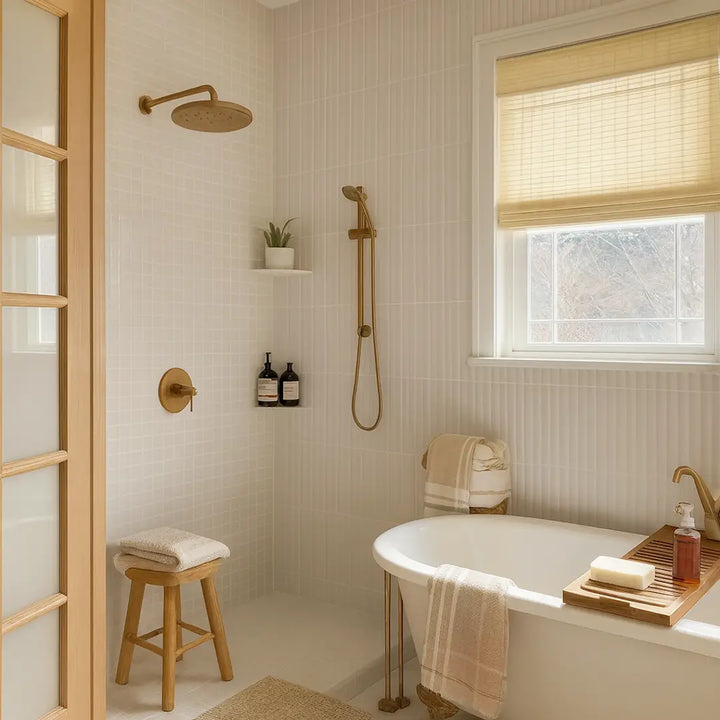 Bathroom with a bathtub, shower, and window with blinds.