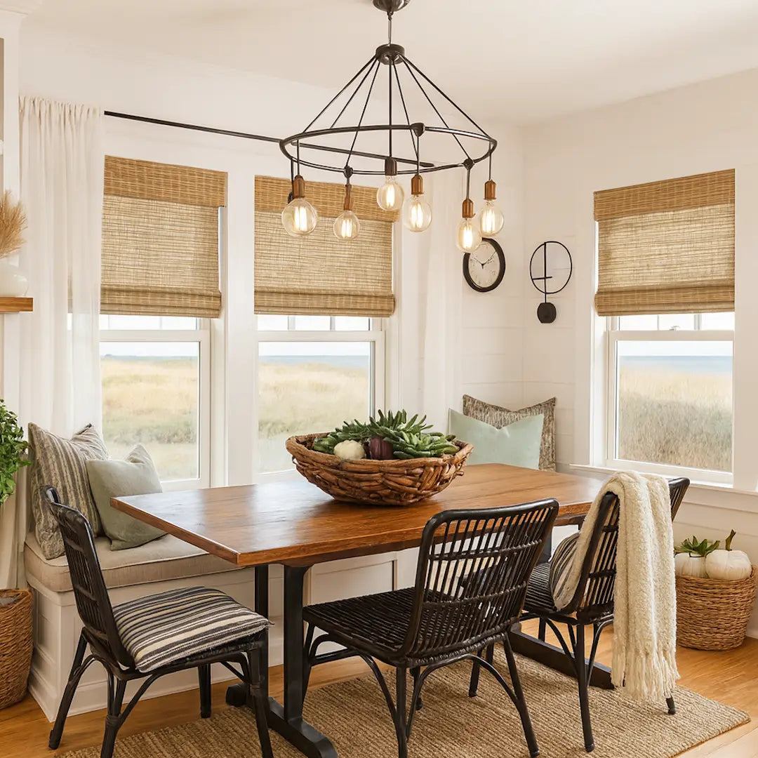 Dining room with wooden table, chairs, and a large window with blinds.
