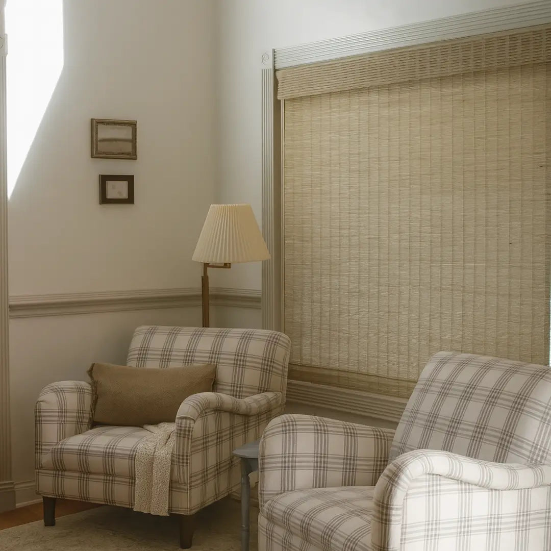 Two plaid armchairs in a room with a lamp and window blinds.