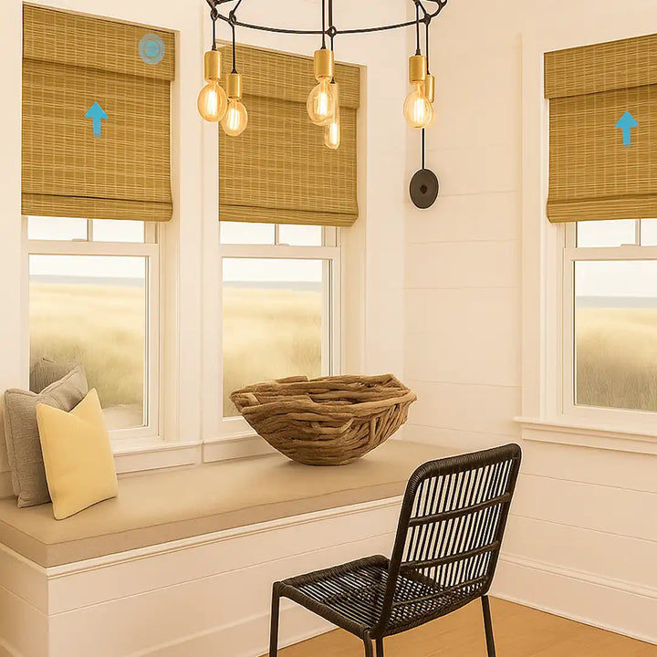 Dining nook with woven wood roman shades on three windows