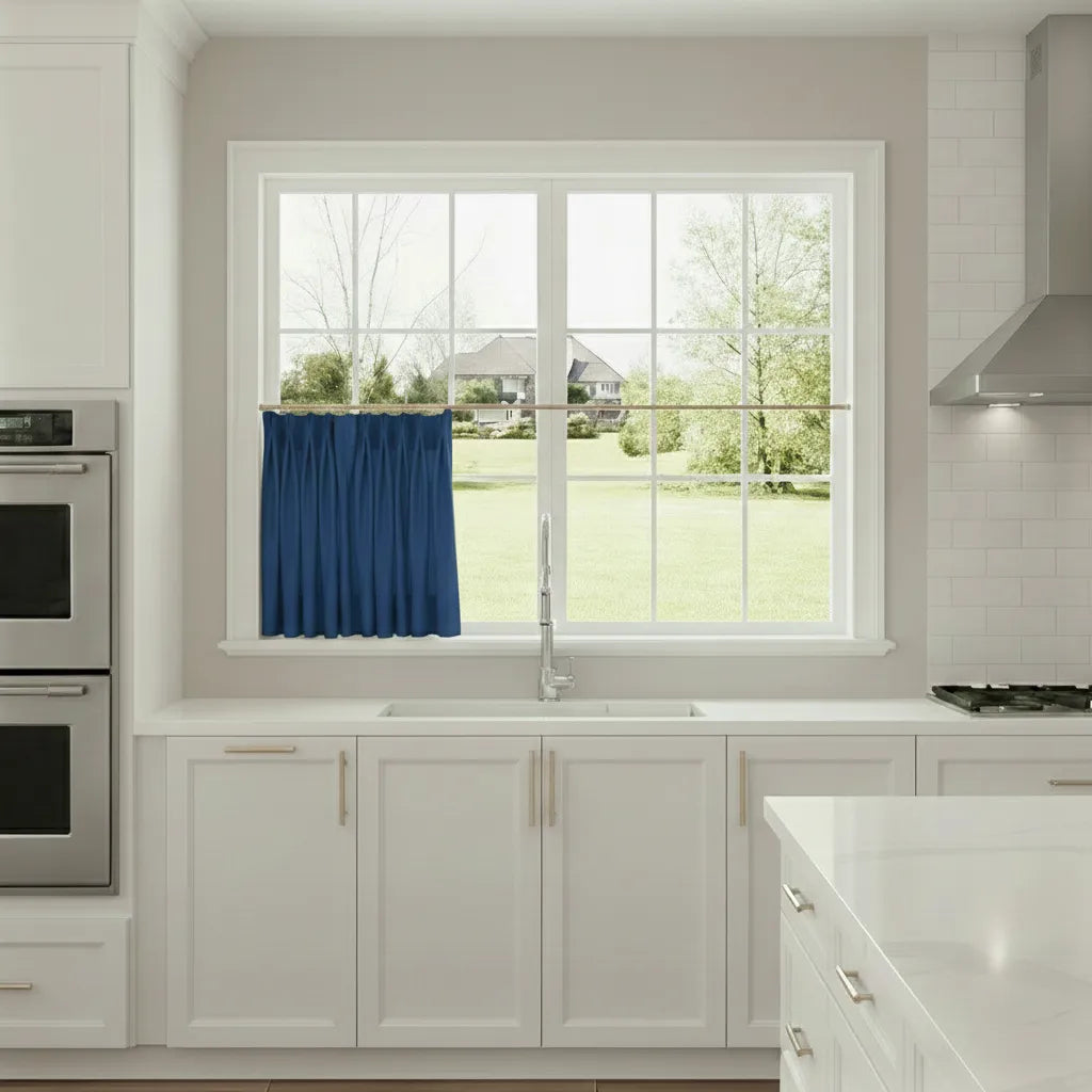 Modern kitchen with a window and blue curtain, featuring white cabinets and stainless steel appliances.