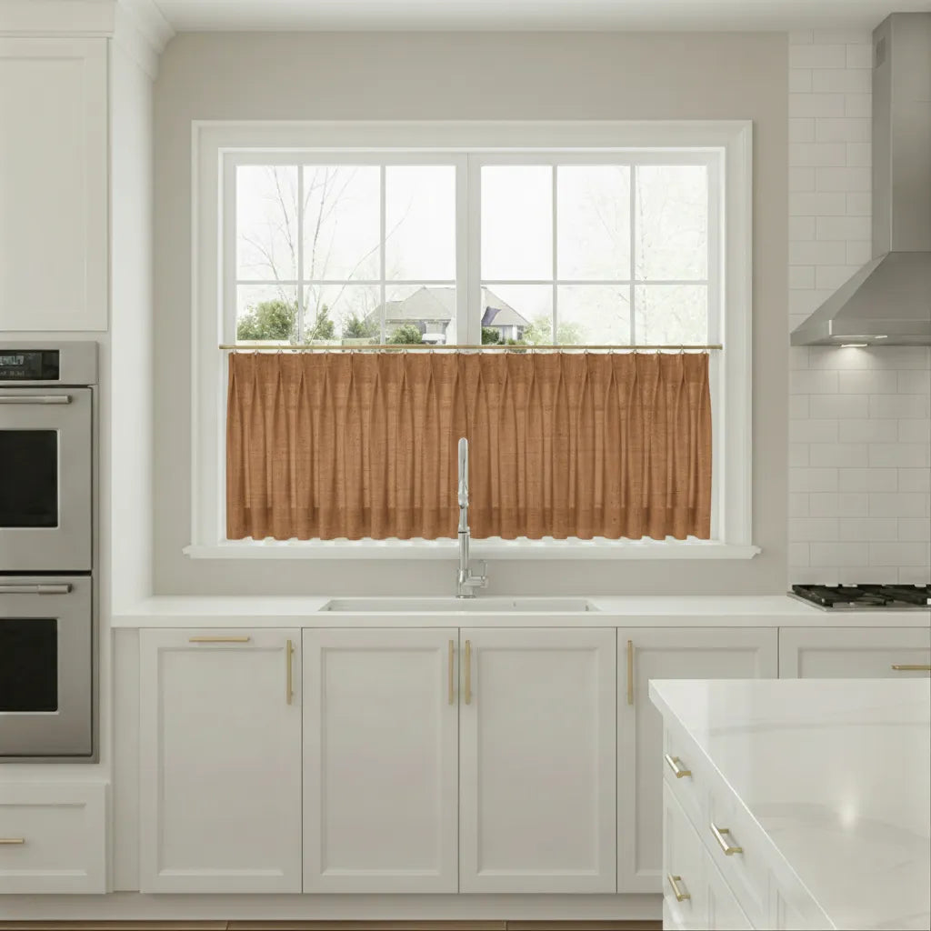 Modern kitchen with white cabinets, a window with a wooden blind, and stainless steel appliances.