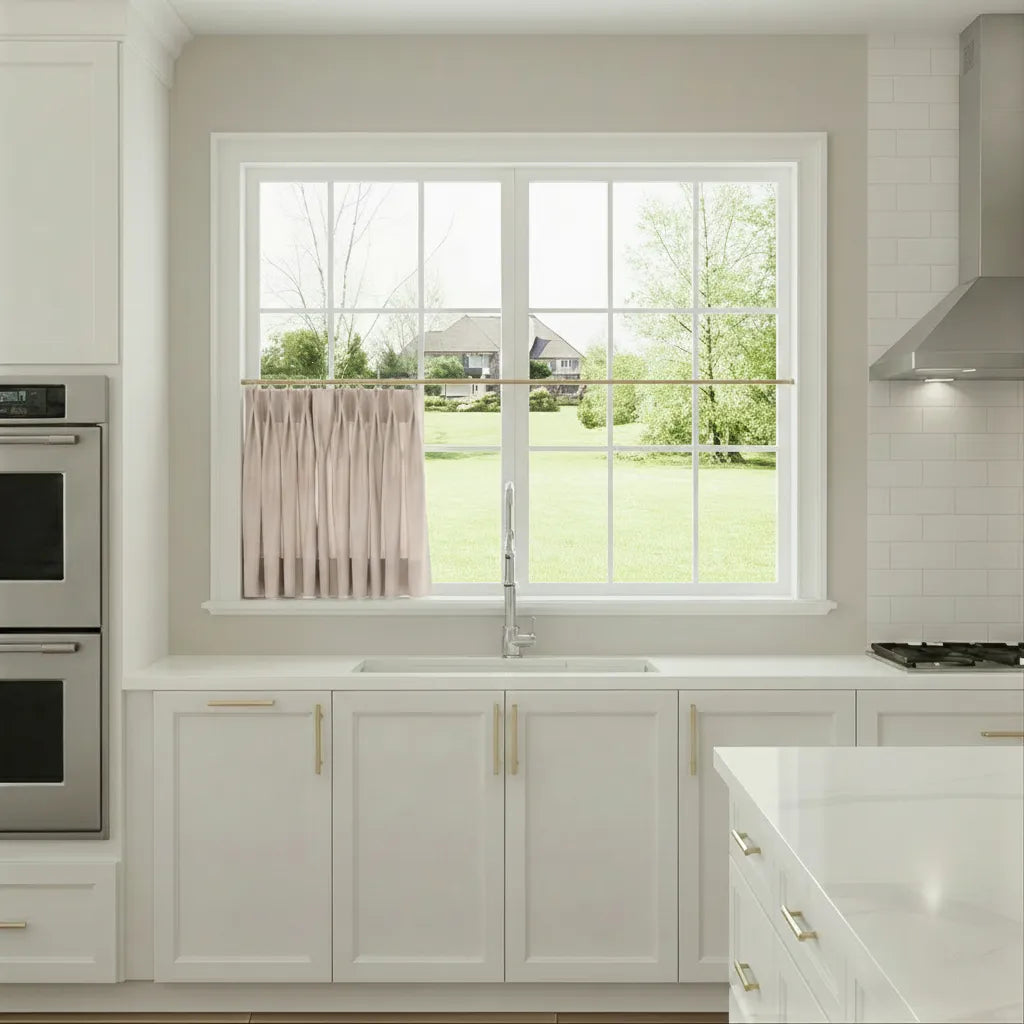 Modern kitchen with white cabinets, stainless steel appliances, and a window view of greenery.