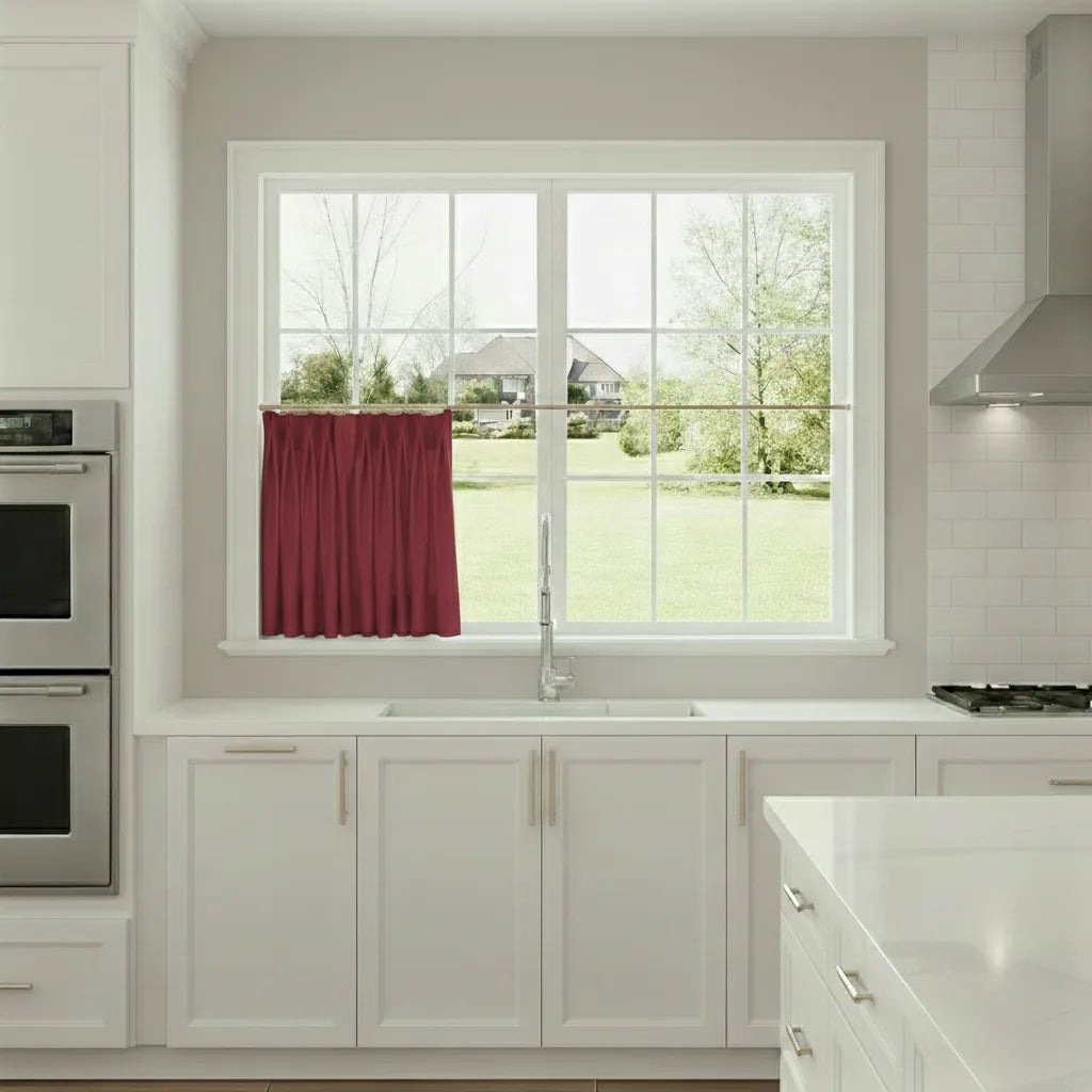Modern kitchen with white cabinets, a window, and a red curtain.