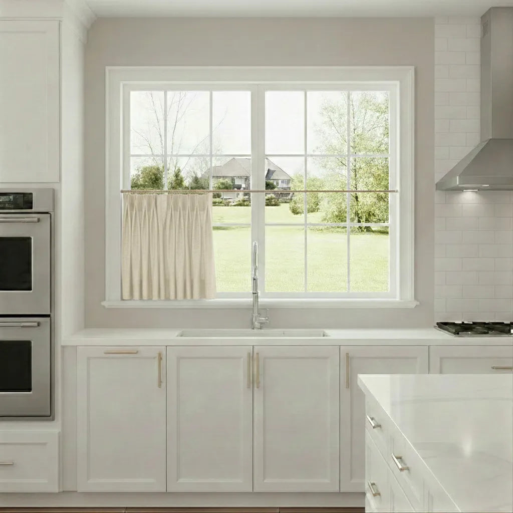 Modern kitchen with white cabinets, stainless steel appliances, and a window view of greenery.
